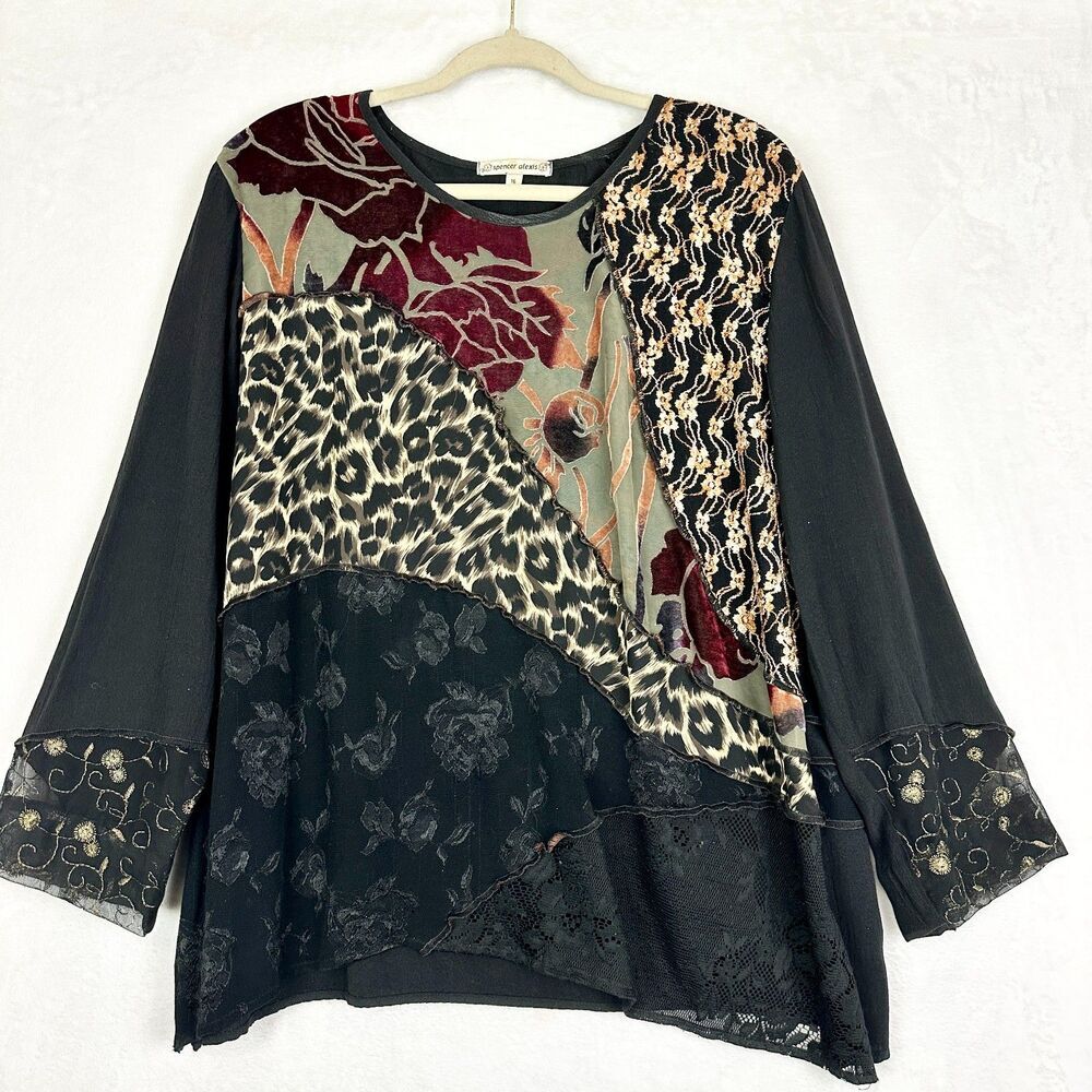 Spencer Alexis Vintage Patchwork Top Size 16 Velvet Burnout Floral Embroidered